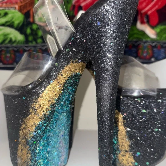 Pleaser Black and Gold Glitter Heels with Clear Straps - Picture 2 of 4
